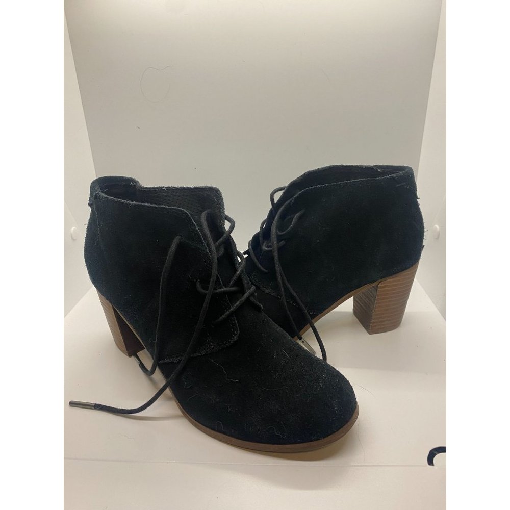 EUC TOMS Black Suede Heels Lunata Lace up Sz 9 3" Block Heel